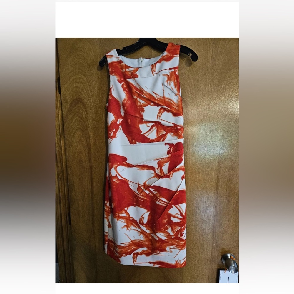 Calvin Klein Orange Red White Abstract Sunburst Ruched Dress Size 8